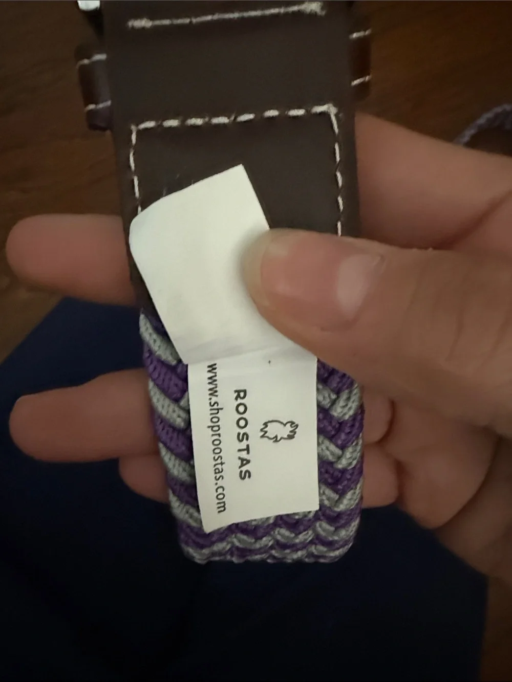 Purple and White Braided Stretch Belt with Brown Leather Trim